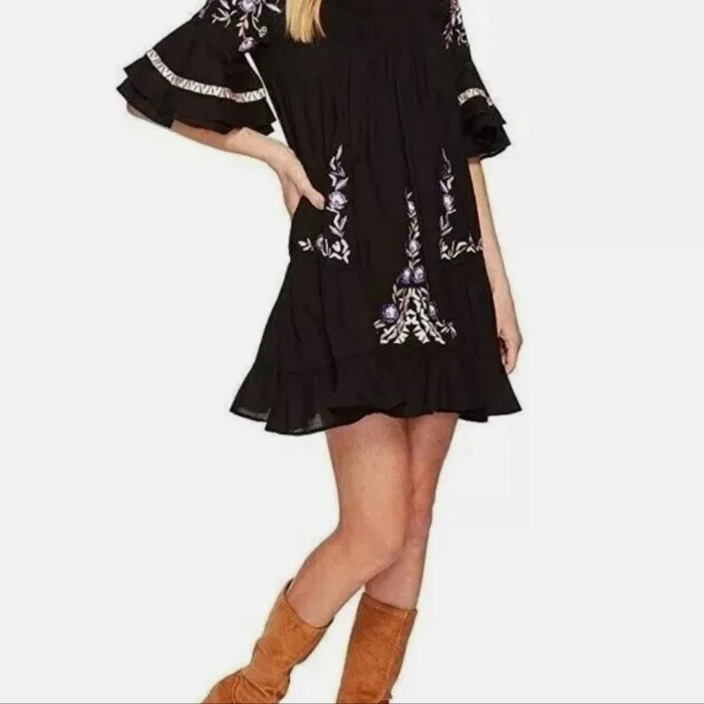 Free People Pavlo Cotton Embroidered Black Flounce Fairycore Dress Sz XS